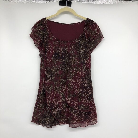 Burgundy Floral Chiffon flowy tunic scoop neck Short Sleeve Blouse size ~M - Picture 14 of 14